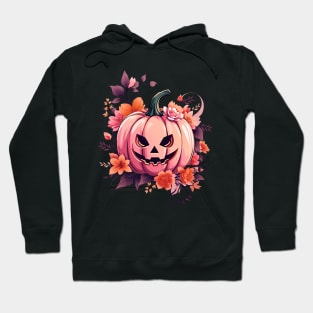 Whimsical Halloween pink Pumpkin, Pink Pumpkin face, with floral and orange flowers, cute Halloween Hoodie